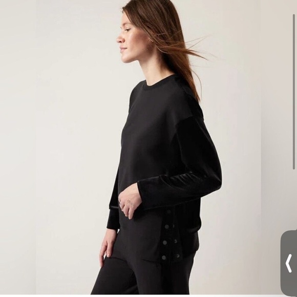 Athleta Retroplush Black Velvet Crewneck Sweatshirt Snap Button Side Slit- SP - Picture 4 of 14